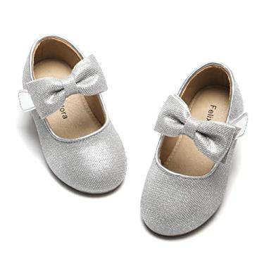Imagem de Felix & Flora Sapatos infantis Mary Jane para meninas – Sapatilhas bailarinas para festas escolares, B317 Glitter prata, 8 Toddler