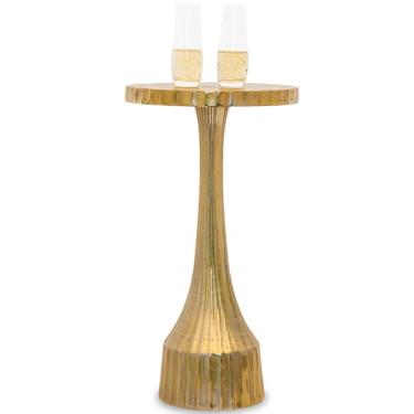 Imagem de OBJET D'ART Mesa pequena redonda dourada, Cyrus, 55 cm de altura, detalhe de metal vintage, lateral, pedestal, coquetéis e mesas de bebida para sala de estar e espaços pequenos