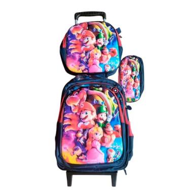 Imagem de Kit Mochila Infantil Menino Mario Bross em 3D Alto Relevo com Rodinhas + Lancheira Térmica + Estojo Escolar