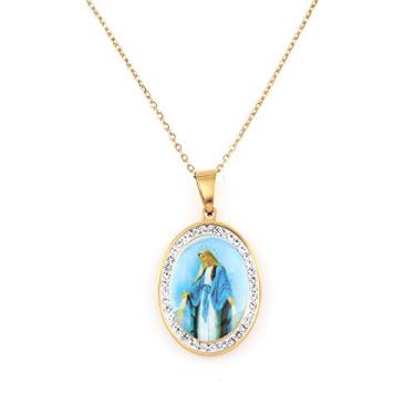 Imagem de YWLI Miraculous Medal, Virgin Mary Necklace, Religious Gifts for Women, Golden Stainless Steel Necklace Inlaid Zircon Pendant, Fashion Religious Jewelry, Gifts for Women