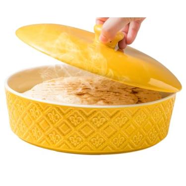 Imagem de Suporte de tortilha de cerâmica com tampa, servidor de aquecedor de tortilha de 22,4 cm, recipiente de armazenamento para micro-ondas, suporte de taco para festa mexicana Fiesta Party Taco Tuesday,