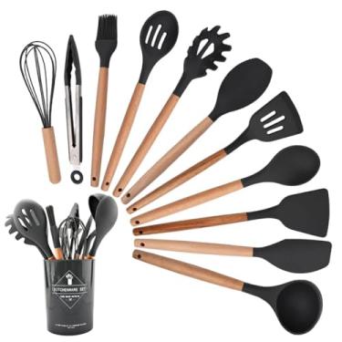Imagem de Kit 12 Utensílios para Cozinha em Silicone e Cabo de Madeira, Antiaderente, Resistente ao Calor, Jogo de Talheres - Linha Premium Occhioro (Cinza Escuro)