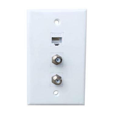 Imagem de Placa de parede Ethernet BUPLDET Single Gang 2 Coax 1 Ethernet - 2 portas cabo coaxial TV tipo F e 1 placa frontal Ethernet Cat6 - Branco