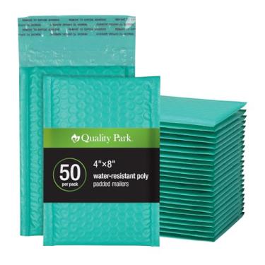 Imagem de Quality Park Envelopes Bubble Mailers, envelopes de envio 4 x 8, autovedantes, envelopes acolchoados pequenos azul-petróleo, fecho removível Redi-Strip, 50 por caixa (QUA85915)