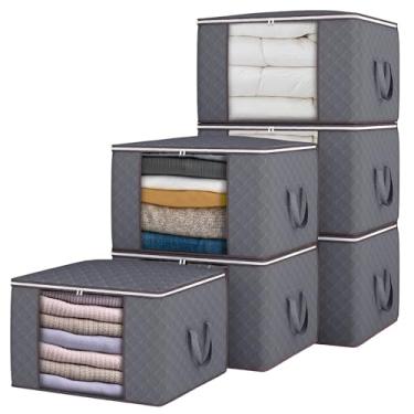 Imagem de SGHUO Sacos de armazenamento grandes, pacote com 6 bolsas de armazenamento de cobertor dobrável, organizador de bolsas de armazenamento de tecido com alça e zíper duráveis para roupas, edredons e roupa de cama 90L (cinza)