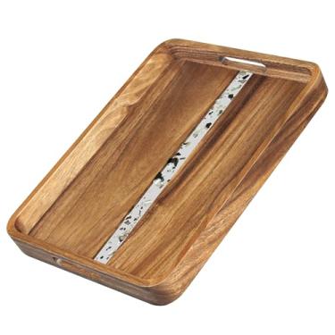 Imagem de KITEISCAT Bandeja de servir de madeira de acácia com alças, bandeja decorativa retangular de 43 x 33 cm para sala de estar, bandeja de mesa de centro para decoração, café da manhã na cama