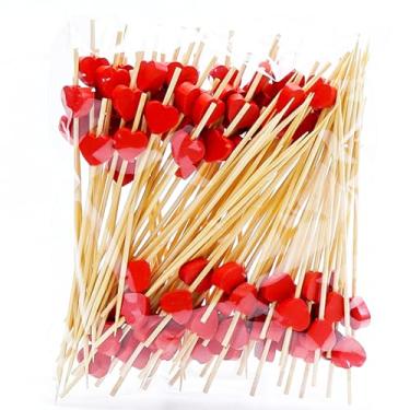 Imagem de 100 palitos de coquetel de coração vermelho 12 cm palitos de frutas compridos palitos de comida sanduíche aperitivo espetos de charcutaria feitos à mão de madeira de bambu para festa de aniversário,