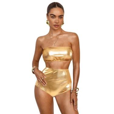 Imagem de Conjunto Hot Pants Metalizado Carnaval Feminino Top Fantasia Kit Bloqu