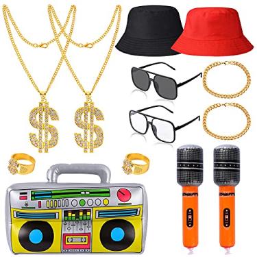 Imagem de YAROMO 13 Pieces 80s 90s Party Decorations, 90s Hip Hop Costume Kit Rapper Accessories Includes Inflatable Boom Box Bucket Hat Gold Chain Ring