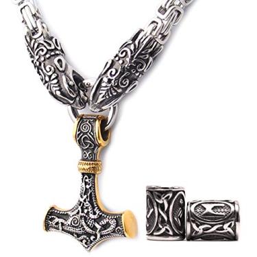 Imagem de GUNGNEER Colar masculino com pingente de martelo Thor, cor dourada mista, cor viking, Mjolnir, corrente quadrada com cabeça de lobo de caveira, 316L, bônus de aço inoxidável, 2 contas de runa