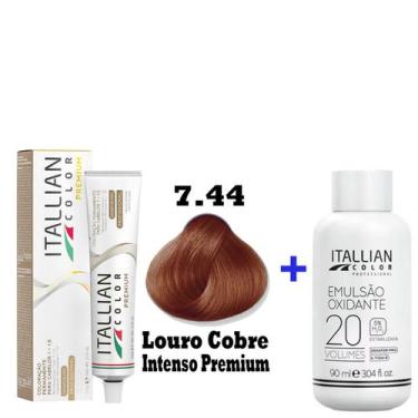 Imagem de Kit Coloração Itallian Premium 60g Louro Cobre Intenso 7.44 + Emulsão 