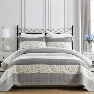 Imagem de SOElinens Conjunto de colcha floral King – Roupa de cama reversível cinza e branca com fronhas combinando, colcha vintage com design de videira, 3 peças, 100% algodão, colcha leve, decoração de casa