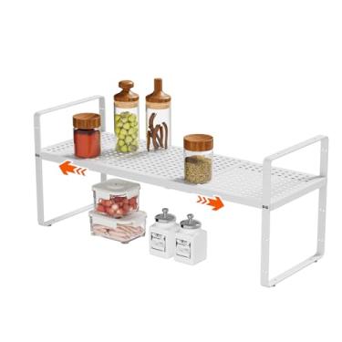 Imagem de DPZM Organizador expansível de prateleira de bancada de armário de 40 a 69 cm, prateleiras de metal empilháveis, organizadores e armazenamento de cozinha, suporte de temperos branco para despensa e
