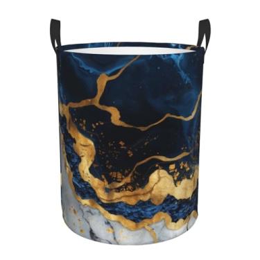 Imagem de Cesto de roupa suja azul marinho cinza dourado mármore, 39,9 cm x 49,8 cm, impermeável, tecido Oxford, cesto de roupa suja, engraçado, dobrável, com alças, organizador de brinquedos para banheiro e