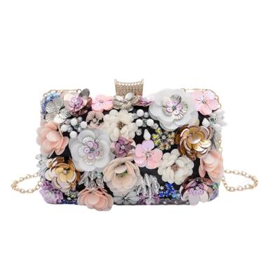 Imagem de lapulio Bolsa feminina floral para noite com contas e lantejoulas e strass para festa de casamento com correntes, Preto, Small