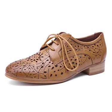 Imagem de Tênis feminino de couro com cadarço perfurado Oxfords Brogue Wingtip Derby da Mona, Marrom, 8