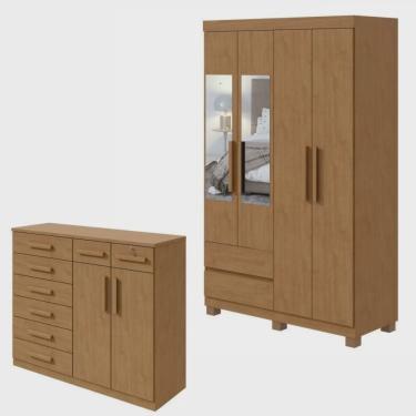 Imagem de Conjunto de Guarda-Roupa 4 Portas 2 Gavetas Zeus com Espelho e com Pés e Cômoda Toronto