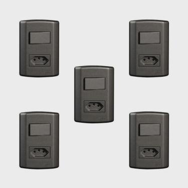 Imagem de Conjunto de 5 Interruptores de 1 Tecla Simples e Tomada 2p + t 20A, Modular, com Placa 4x2 e Suporte
