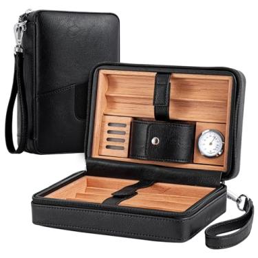 Imagem de Goshentech Umidor de charuto, couro forrado com madeira de cedro, caixa para charutos, capacidade de 6 peças, higrômetro e umidificador embutidos, kit de umidificador portátil de viagem para charutos