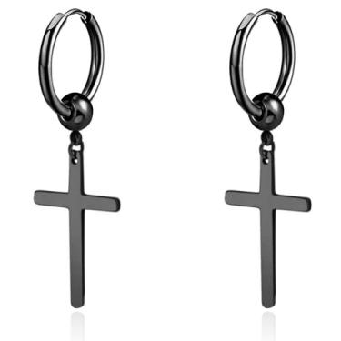 Imagem de Aloluo Brincos de argola com pingente de cruz preta para mulheres e homens, aço inoxidável, banhado a prata, brinco de cartilagem, hipoalergênico, hip-hop, punk, unissex, joias, presentes, 1.77 Inches