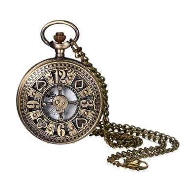 Imagem de JewelryWe Relógio de bolso de pôquer Steampunk: Relógio masculino feminino vintage analógico de quartzo clássico com pingente de colar com corrente para o dia dos namorados, Bronze, relógio de bolso