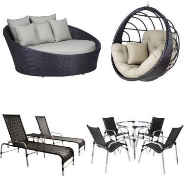 Imagem de Kit 4 Cadeiras e Mesa, 2 Espreguiçadeiras, 1 Balanço Ninho e 1 Chaise em Alumínio Trama
