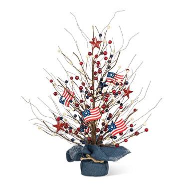 Imagem de Glitzhome Árvore de mesa patriótica de 50,8 cm – base de cimento decoração americana com bandeiras de madeira e estrelas de metal para centro de mesa interna/externa para 4 de julho e Memorial Day
