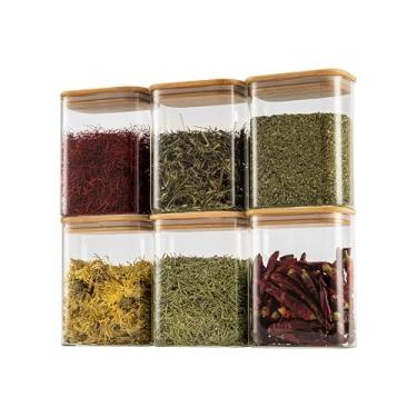 Imagem de D2scrma Recipientes De Vidro Herméticos Retangulares 37 Oz Com Tampas Bambu (Conjunto 6), Potes Quadrados Para Alimentos, Organizadores Despensa Cereais, Nozes, Salgadinhos E Grãos Café (Com Etiquet