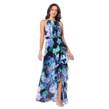 Imagem de Betsy & Adam Vestido floral longo de chiffon elegante com detalhe de babados e gola amarrada, Preto/azul-petróleo, 50