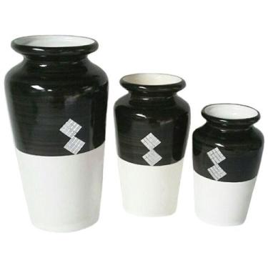 Imagem de Trio Vasos Urnas Jad Em Cerâmica De Aparador Black White - Retrofenna 