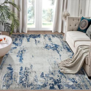 Imagem de Tapetes de área de 15 x 23 cm para sala de estar lavável: tapete moderno para sala de jantar quarto tapete antiderrapante pilha baixa 15 x 23 cm interior abstrato berçário casa escritório azul branco