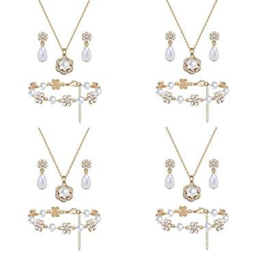 Imagem de Conjunto de joias de dama de honra para mulheres e meninas, pingente de flor banhado a ouro 18 K, prata e ouro rosa, com colar de pérolas, brincos, presente de dama de honra para casamento e pedido de casamento, festa e formatura, Zinco Vidro Pérola sintética, Pérola sintética