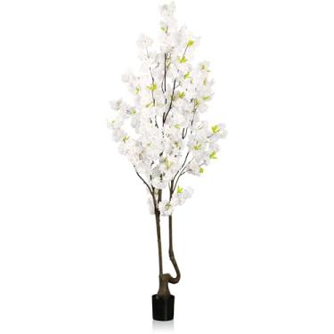 Imagem de Flor de cerejeira branca sintética 2,1 m (213,4 cm) de altura, decoração de interiores, árvore de flor branca falsa natural feita à mão para casamento Planta de cerejeira realista em vaso para casa