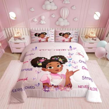 Imagem de Erosebridal Conjunto de edredom para meninas negras, tamanho Queen, estampa de flores rosa princesa, estilo africano, fofo, estilo africano, americano, para crianças, adolescentes, conjunto de cama