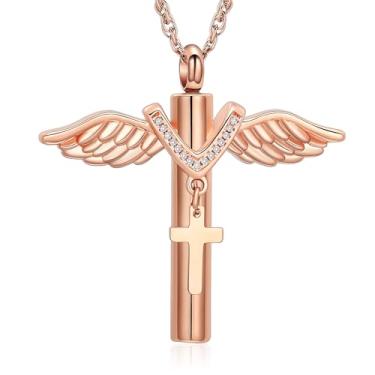 Imagem de shajwo Joias de cremação, colar de urna com cruz de asa de anjo para cinzas para mulheres e homens, pingente de cinzas humanas, Aço inoxidável, Sem Pedra Preciosa
