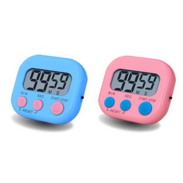 Imagem de Temporizador digital de cozinha, temporizador eletrônico BESTWYA com função de contagem de tela LCD transparente para cima e para baixo, 3 botões grandes para ligar/desligar (2, azul e rosa)