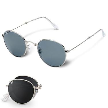 Imagem de Óculos de sol redondos dobráveis polarizados, proteção UV400, UVA, UVB para homens e mulheres, estojo de couro dobrável para óculos de sol, Prata - Preto, Medium