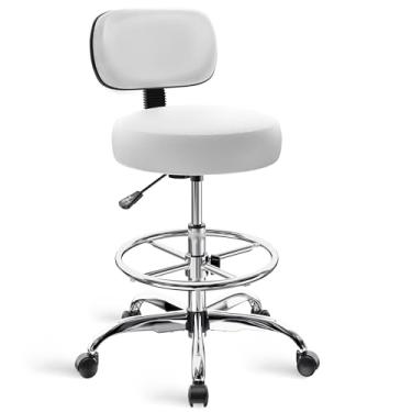 Imagem de SUPERJARE Cadeira de desenho com encosto, banco de rodinhas ajustável, cadeira de escritório multiuso, almofada de assento grossa para casa, bar, cozinha, loja, branca