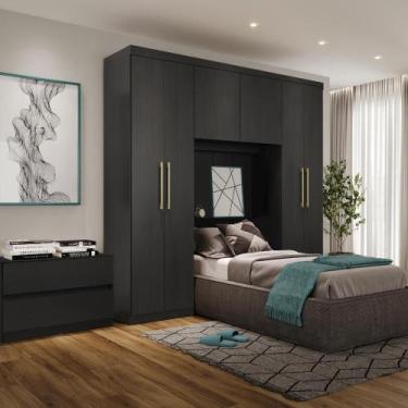 Imagem de Guarda Roupa Solteiro 6 Portas 2 Gavetas Porto Preto com Cabeceira - C