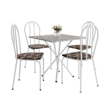 Imagem de Conjunto de Mesa Quadrada com Tampo Granito e 4 Cadeiras Léia Revestimento Sintético Branco e Palha