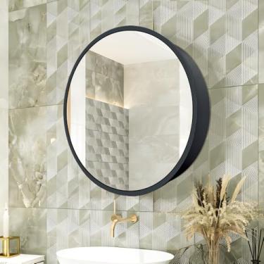 Imagem de Janboe Armário de remédios redondo, armário de remédios com espelho, moldura de alumínio, dobradiça de fechamento suave, 50,8 cm, preto