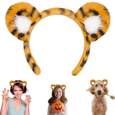 Imagem de Beviliu Tiara de orelhas de animais, orelhas de tigre, realista, fofo, gato, coelho, cachorro, macaco, faixa de cabeça para Halloween, Natal, para lavar, maquiagem, cosplay, festa
