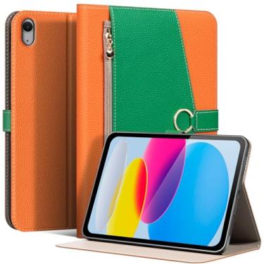 Imagem de XFYKJIN Capa de couro para iPad 11/10 (2025/2022) com bolso e fivela, despertar/hibernar automaticamente, suporte ajustável à prova de choque, laranja com verde