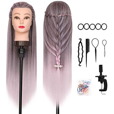 Imagem de Cabeça de manequim DANSEE 71 cm de fibra sintética longa para treinamento de cabelo estilo manequim Cosmetologia boneca cabeça cabelo com conjunto de tranças DIY + grampo de mesa grátis (rosa claro)