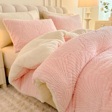 Imagem de tohrisa Conjunto de edredom de lã de ovelha, quente, aconchegante, premium, 3 peças, tamanho king, estampa geométrica, edredom com 2 fronhas (264 x 234 cm, rosa claro)