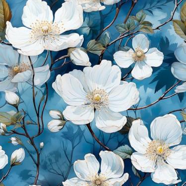 Imagem de REDAMANCY Papel de parede vintage azul/branco flor de cerejeira plantas árvore descascar e colar papel de parede papel de parede vintage papel de parede vintage fácil de remover para mesa de cabeceira