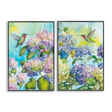 Imagem de Stupell Industries Conjunto de arte giclée emoldurado preto com beija-flores e hortênsias por Tim Coffey, 76 x 50 cm