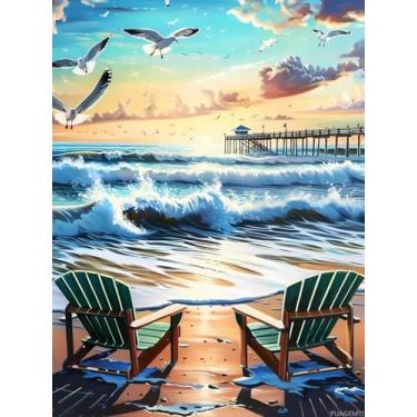 Imagem de Kits de pintura de diamante, linda cena de praia com duas cadeiras, kits de arte de diamante para adultos, pintura de cadeira, artesanato, decoração de parede para casa, faça você mesmo, arte de pedra