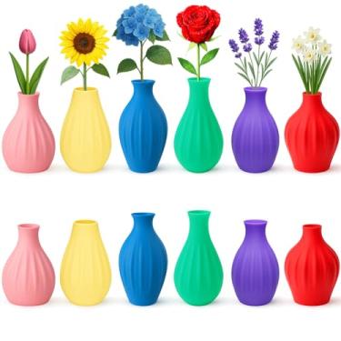 Imagem de Vasos pequenos com botões de flores para centros de mesa - Conjunto de 12 mini vasos coloridos pesados a granel para decoração de mesa - Design de plástico resistente a quedas para organizadores de