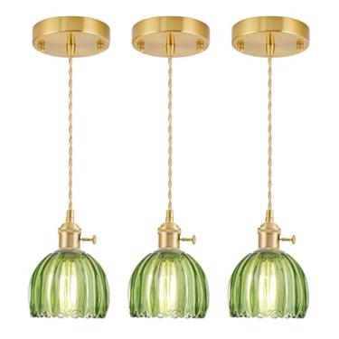 Imagem de Pacote com 3 mini luzes pendentes Kitchen Island, luminária pequena ajustável com abajur de vidro tulipa verde, iluminação pendente dourada vintage, luminária pendente para quarto, sala de jantar